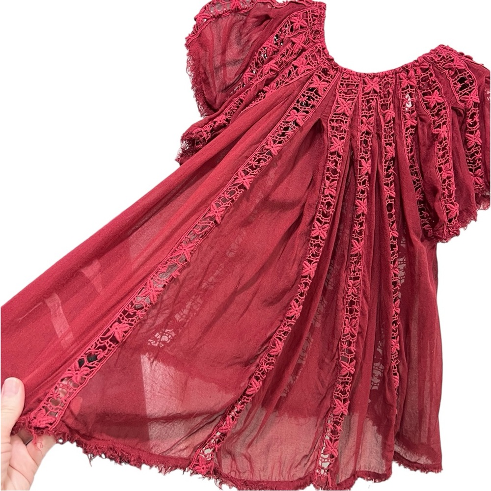 Free People FP ONE Embroidered Sheer Burgundy Top